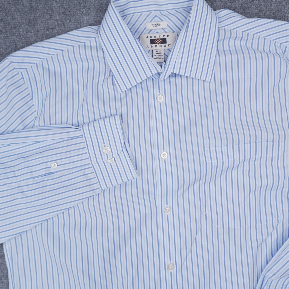 Joseph Abboud Dress Shirt Mens 16.5 34/35 Blue White Striped Non-Iron Slim Fit